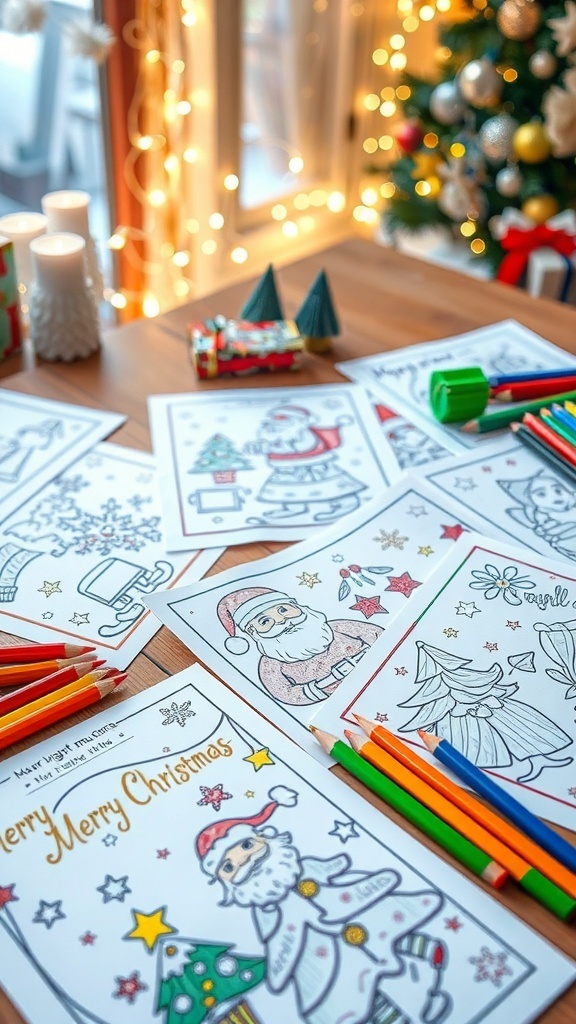 A collection of colorful Christmas coloring pages on a table with colored pencils and festive decorations.